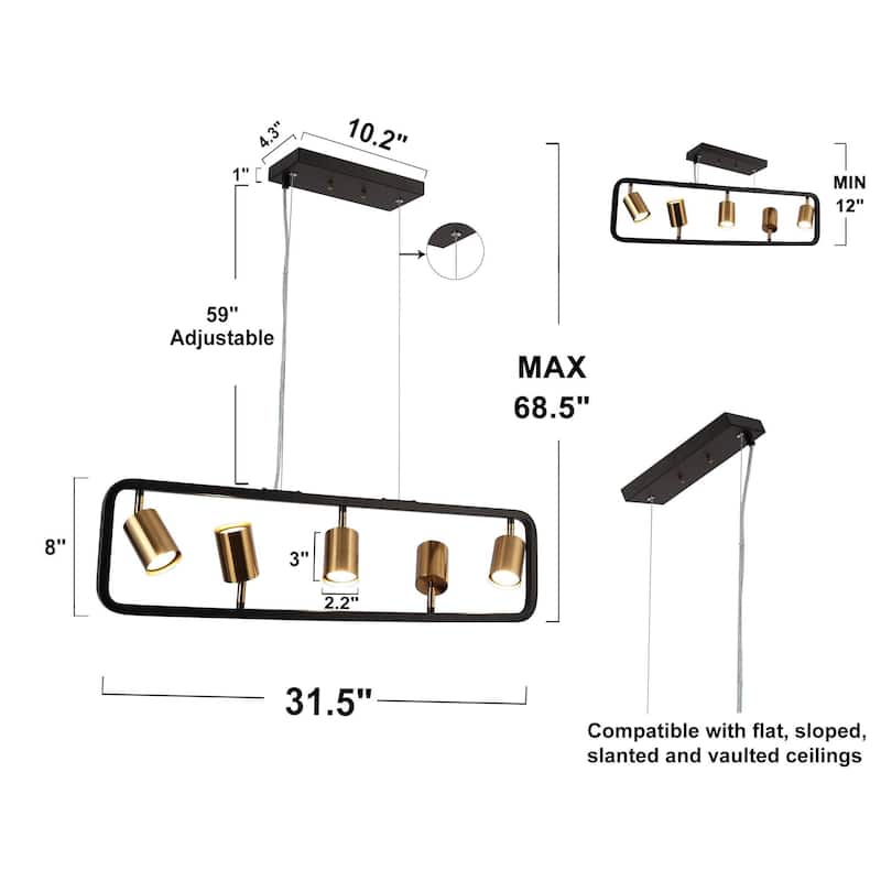 Modern 5-Light Black Gold Metal Linear Chandelier Industrial Island Pendant Lights for Dining Room - 31.5 "