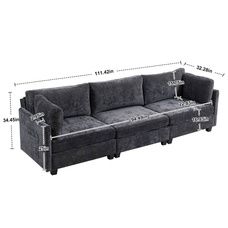Chenille Modular Sofa, Upholstered Modern 3-Seater Couch with Ultra-Soft Cushions, Side Pocket