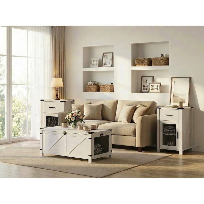 Lift top coffee table and end tabls set for living room - Antique White