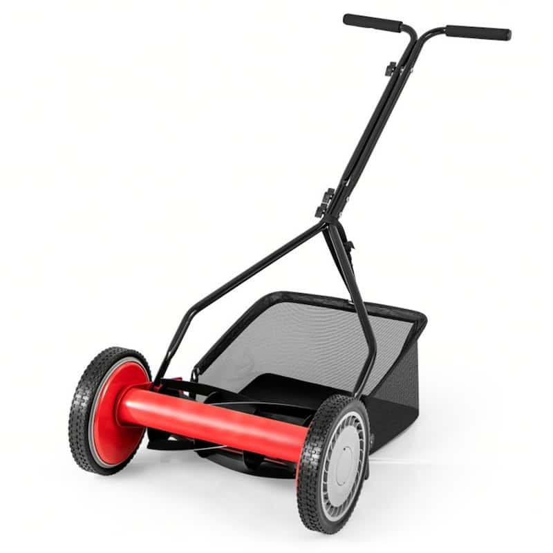 Manual Reel Lawn Mower Red Black 14-Inch Cutting Width 4-Height Adjustable 25L Grass Collector - 21" x 28" x 49"