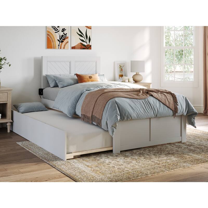 Twin Platform Bed with Trundle & USB - White Wood Bed Frame - Rustic Style