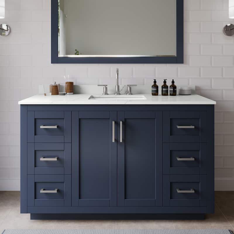 Wyndham Collection WCF292954S-QTZ-US3M46 Miranda 54" Free Standing - Dark Blue / Giotto Quartz Top / Brushed Nickel