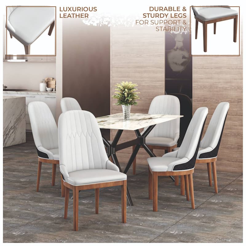 Leather Dining Chair with Rubberwood Legs Set of 4 Side Charis Sleek Diamond Stitching Back