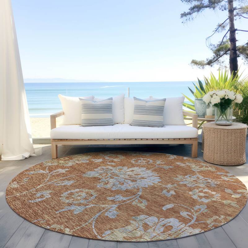 Machine Washable Indoor/ Outdoor Chantille Farmhouse Floral Rug - Paprika - 8' x 8'