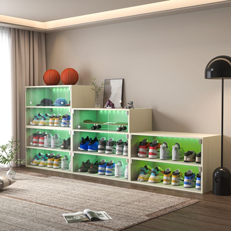 Glass Door Shoe Box Shoe Storage Cabinet For Sneakers With RGB Led Light