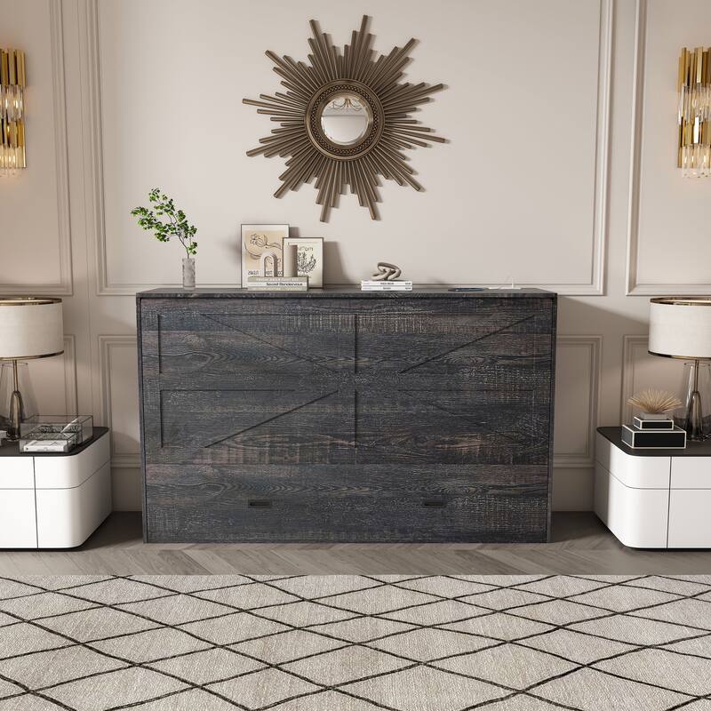 Full Size Murphy Bed, with Storage Drawers and Charging Cabinet, with Foldable Panels, with Swivel Wheels, Noise-Free