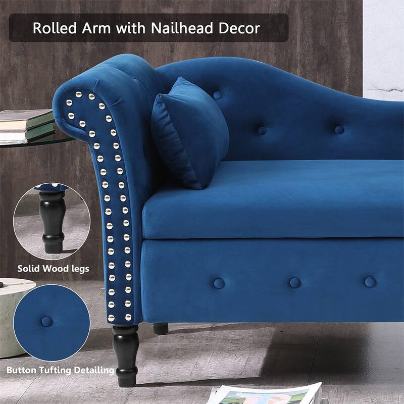 60"W Velvet Tufted Chaise Lounge, Storage Chaise Sofa, Solid Wood Leg - 25"D x 60"W x 27"H