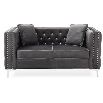 Button Tufted 3-Seater Velvet Sofa with Throw Pillows - 86" - Gray