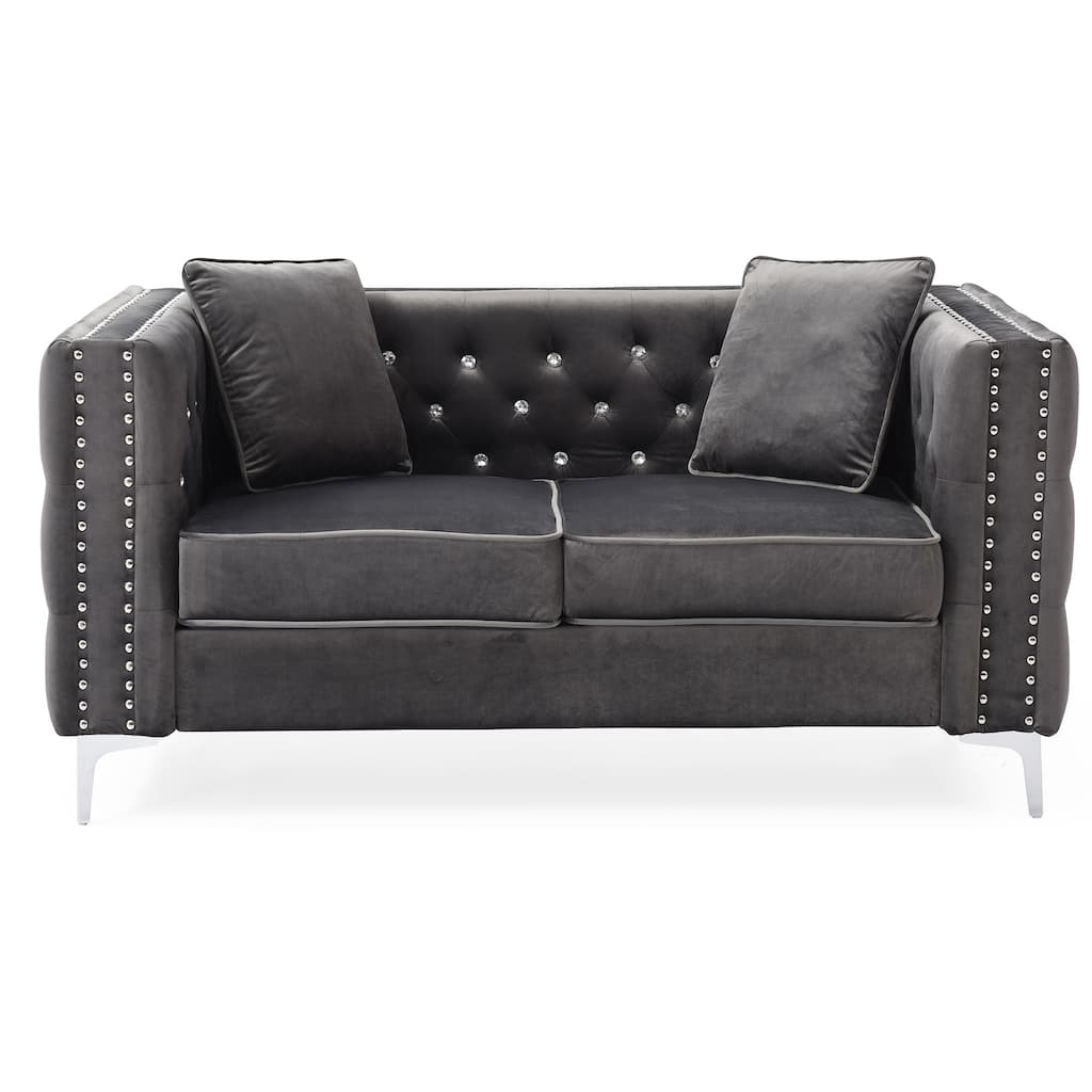 Button Tufted 3-Seater Velvet Sofa with Throw Pillows - 86" - Gray