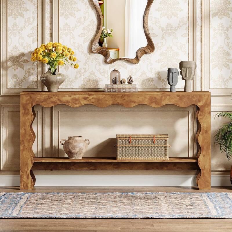 63 Inches Long Farmhouse Console Table with 2-tier Shelf, Brown