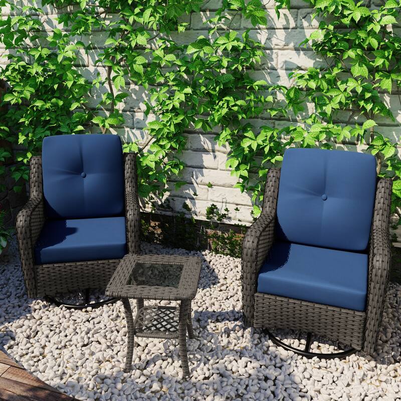 Outdoor Rattan Swivel Rocker Chairs Patio Bistro Set of 3 - Royal Blue Set