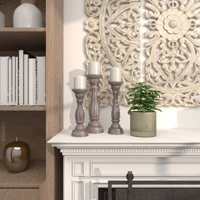 Gray, Green, Brown or Blue Wooden Distressed Turned Decorative Candle Holder (Set of 3)