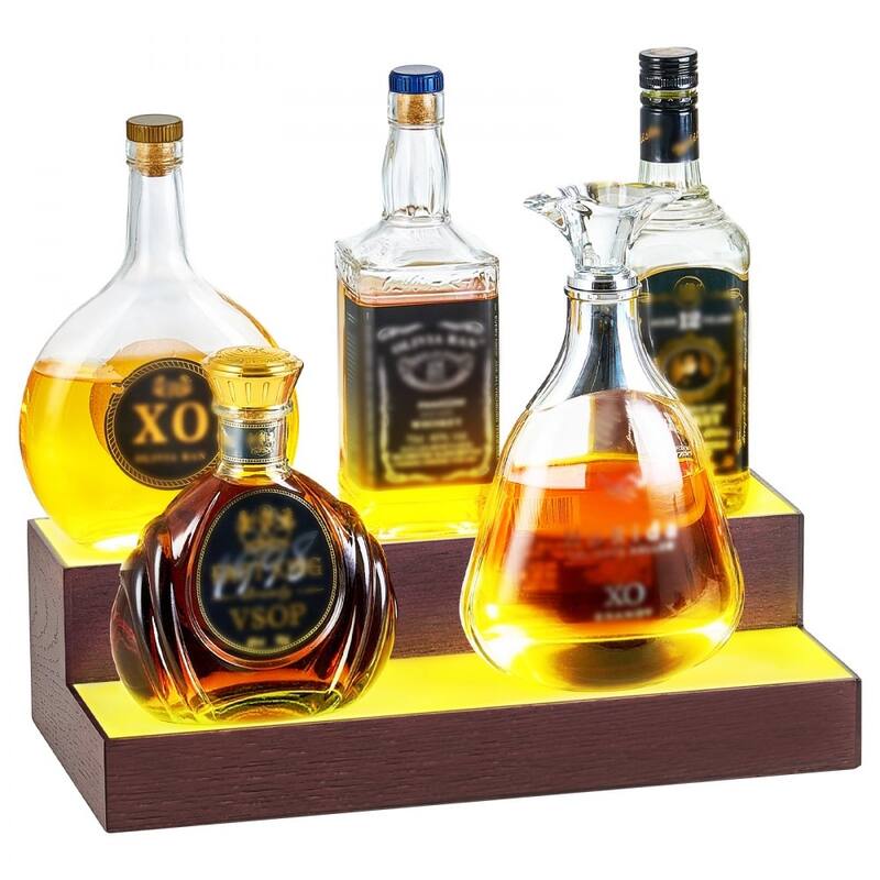 Multi-Color Acrylic and Pine Wood 2-Tier Wine Display Shelf with LED Lighting and Remote Control
