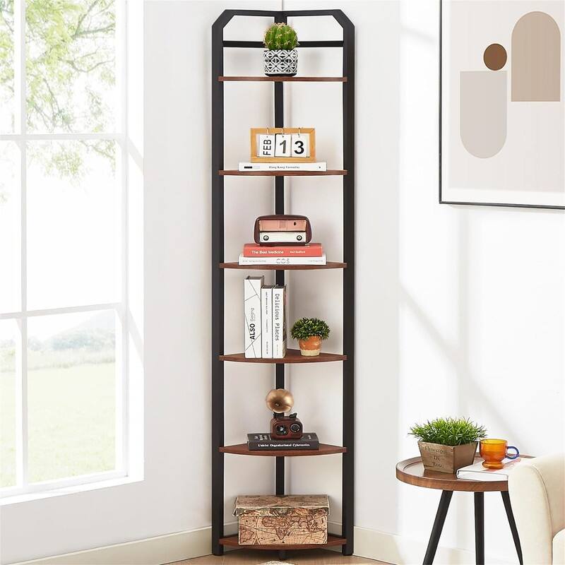 Corner Shelf - 11"D x 11"W x 74.6"H - Brown 6-Tier