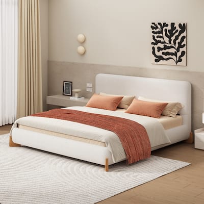 King Size Upholstered Bed, Boucle Platform Bed with Wood Slat Solid Wood Legs Support and Rectangular Thick Headboard