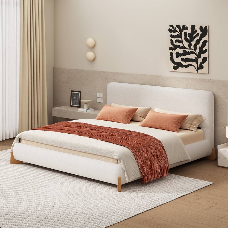 Luxurious Upholstered Bed with Headboard, Boucle Fabric Platform Bedframe with Solid Wood Foot, Wooden Slat Support