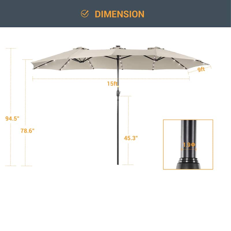 LIVOOSUN 15×9FT LED Double-sided Patio Umbrella with UPF50+ and Handle, and Wind-Resistant Design——Experience Outdoor Comfort