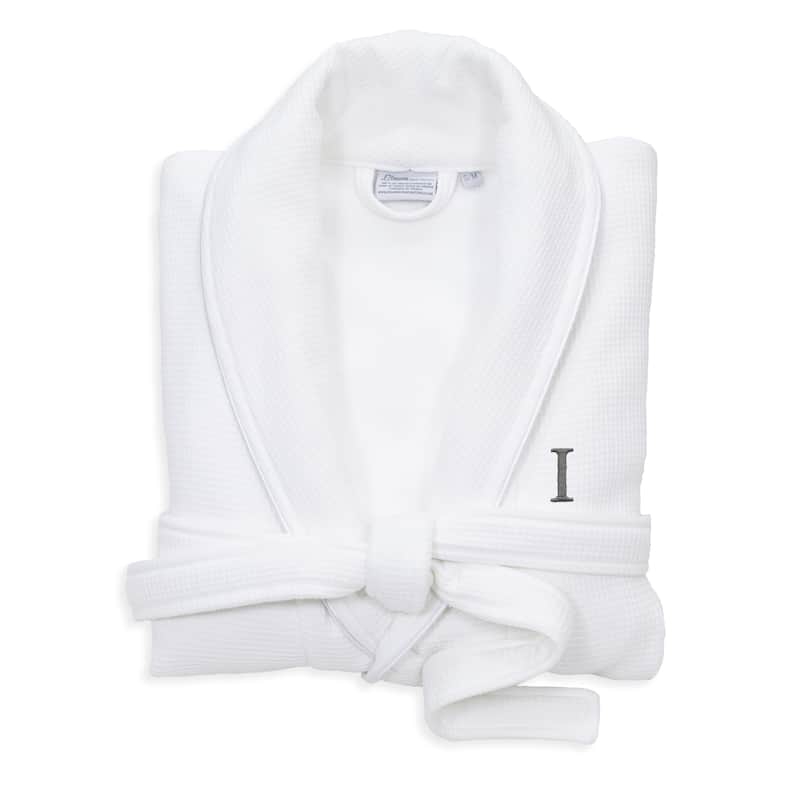 Authentic Hotel and Spa White Unisex Turkish Cotton Waffle Weave Terry Bath Robe with Grey Block Monogram - L/XL - I