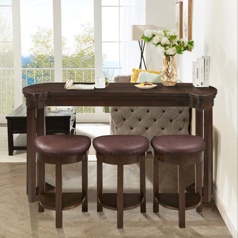 4-Piece Bar Table Set with Solid Pine Wood Legs and PU Upholstered Stools for Dining and Entertaining