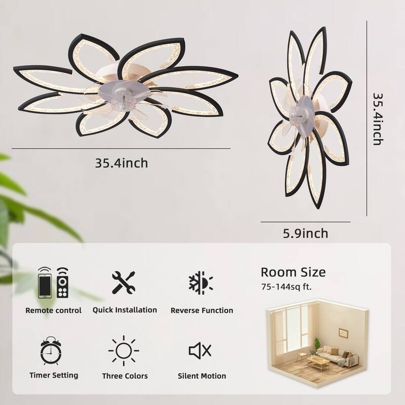 31 Inch Low Profile Ceiling Fan with Lights and Remote Control, Cartoon Petal Ceiling Fan Lights with Reversible Blades