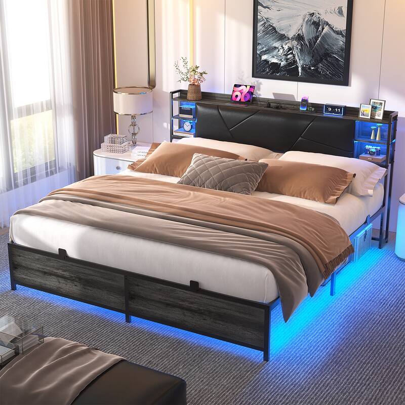 Bed Frame with Upholstered Storage Headboard,Matel Platform Bed with Charging Station and RGB LED Lights,Easy Assembly - Black Oak - King