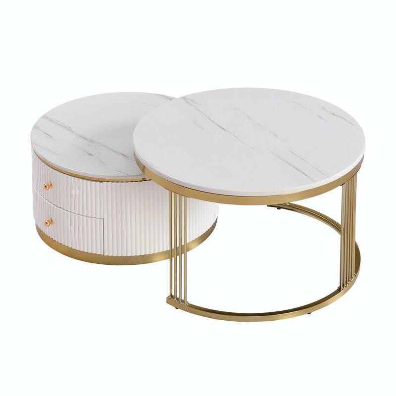 Modern 2-Piece White Round Nesting Coffee Table with Drawers