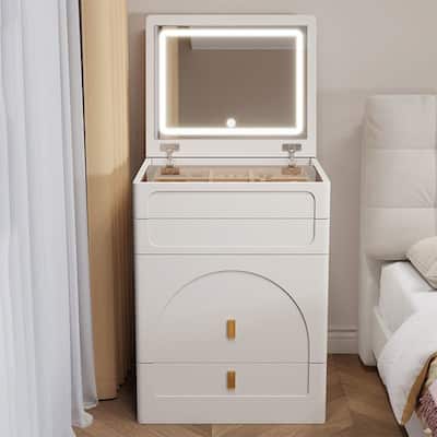 White MDF 3-in-1 Dressing Table with Flip Mirror Glass Top and 3 Drawers and Lighted Vanity Set - 23.6”L x 15.75”W x 31.5”H