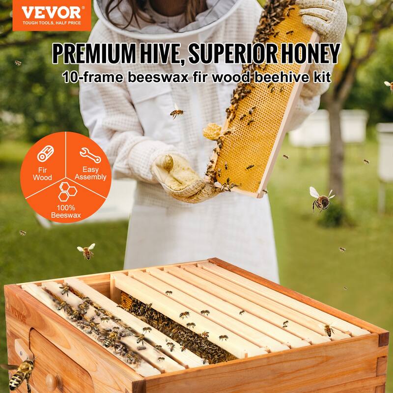 VEVOR Beehive Box Kit Bee Honey Hive 1040 Frames Medium & Deep Beeswax
