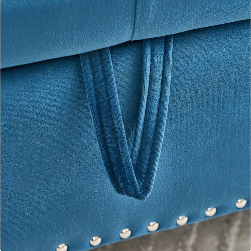 Velvet Storage Bench 62.2 Inch Upholstered Tufted Ottoman Bench with Rolled Arms, Large End of Bed Bench with Rivet Decoration