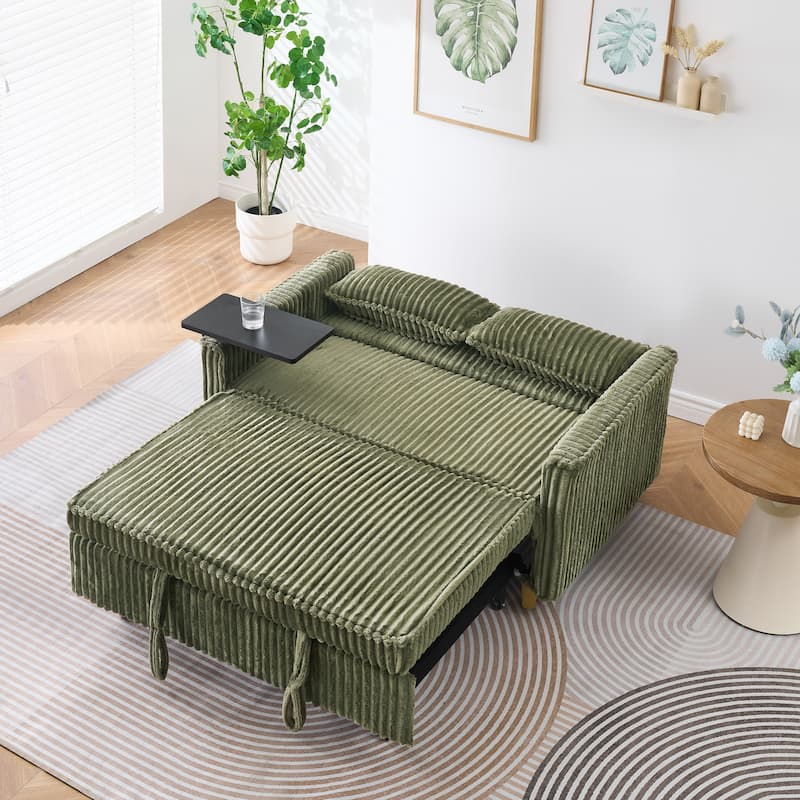 The Pull-Out And Push-In Corduroy Sofa With Dual Functions,Equipped With A Movable Tabletop And Usb Ports,Is Suitable