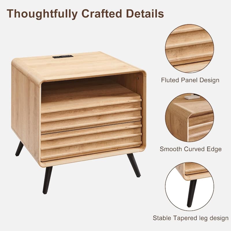 Mid Century Modern Nightstand with charging station, Wood End Table