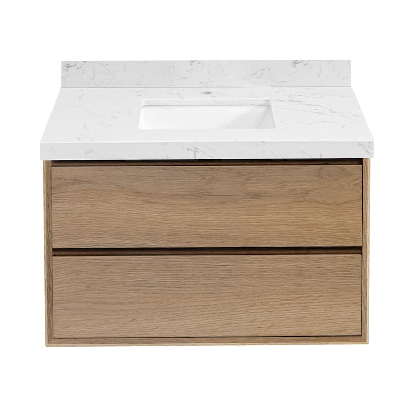 24"30"36"48"60"72" Floating Bathroom Vanity Engineered Stone Top with Rectangular Ceramic Undermount Sink - 36" - Natural Oak