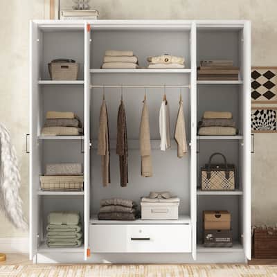4-Door Mirror Wardrobe with Folding and Hanging Storage Area, Dual Full-Length Dressing Mirrors Door Armoires with Drawer