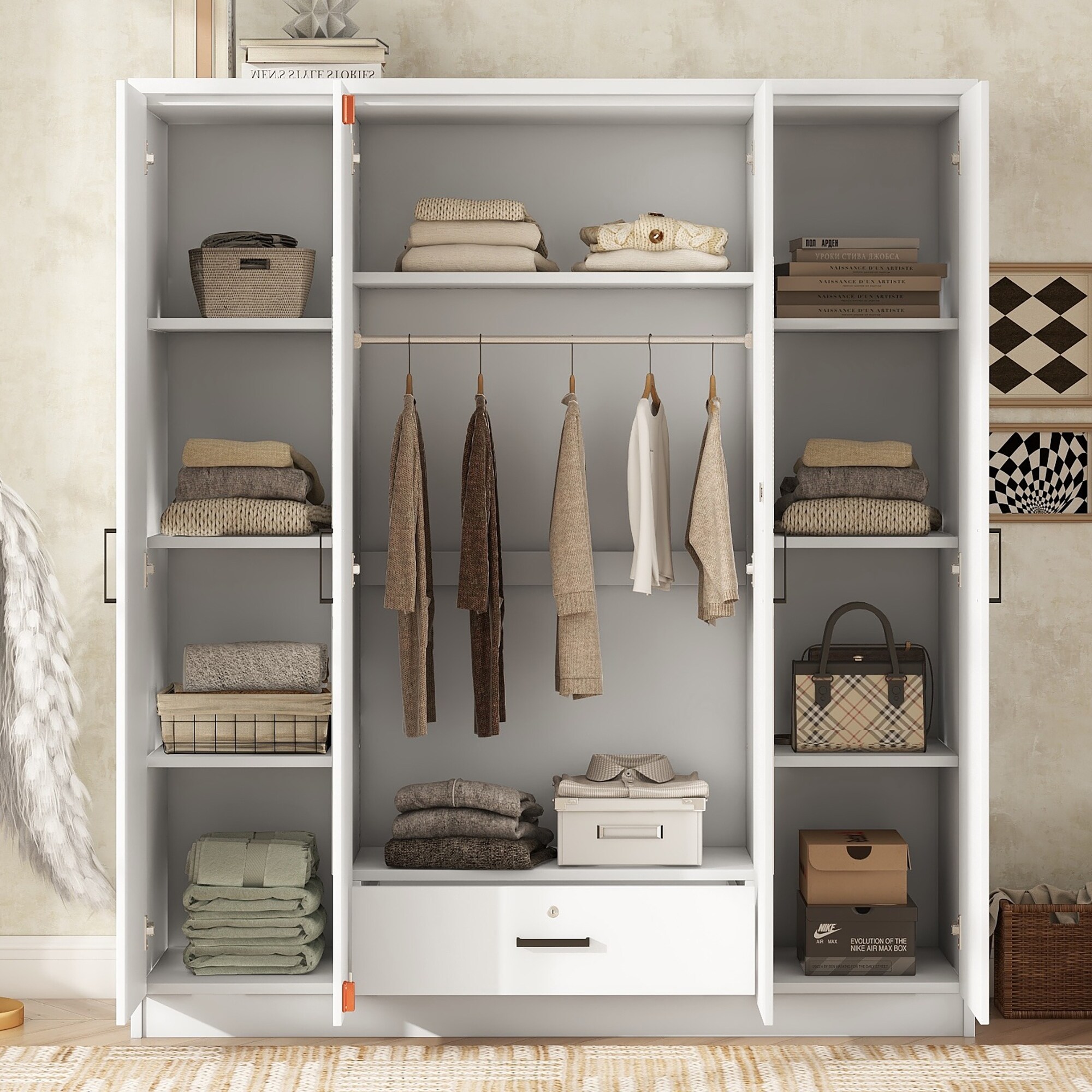 4 Door Mirror Wardrobe with Folding and Hanging Storage Area Dual Full Length Dressing Mirrors Door Armoires with Drawer