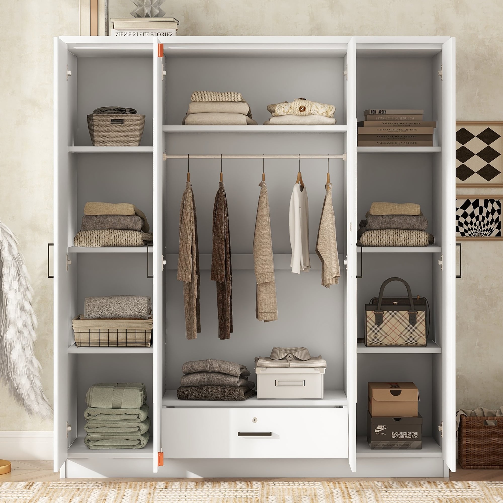 4-Door Mirror Wardrobe with Shelves And Built-in Dressing Mirror