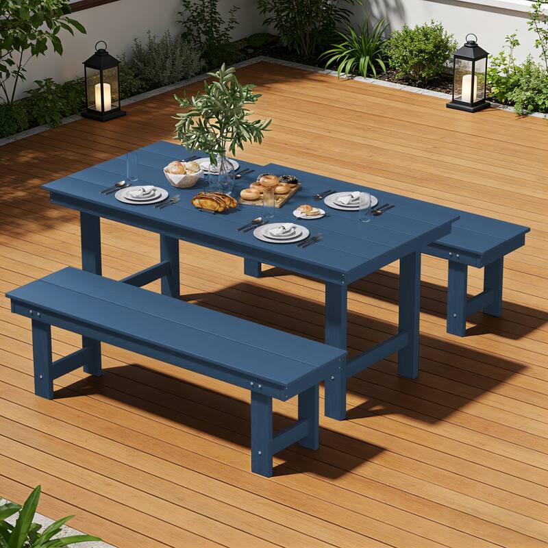 3-Piece HDPE Outdoor Dining Set with Umbrella Hole Table and Two 2-Person Benches