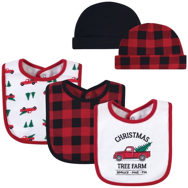 slide 1 of 1, Hudson Baby Infant Boy Cotton Bib and Caps Set 5pk, Christmas Tree Farm, One Size - Christmas Tree Farm - One Size One Size - Christmas Tree Farm