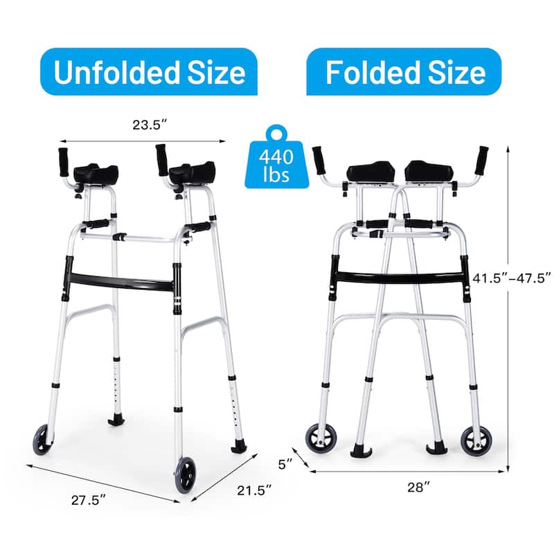 Costway Folding Wheel Walking Frame Adjustable Alloy Walker W/Armrest - See Details