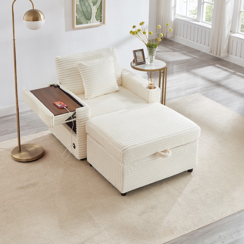 Fluffy Corduroy Lazy Sofa Chaise Lounge with Accent Chair, Storage Ottoman, Folding Table Board, Cup Holder and USB