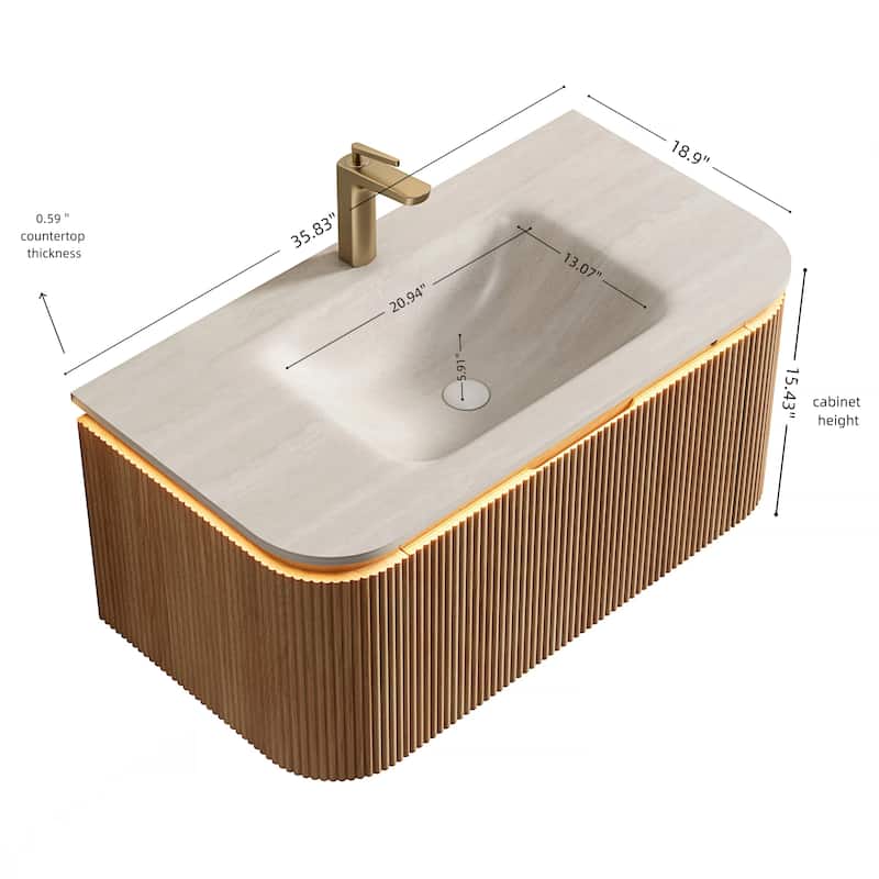 36"/48" Floating Bathroom Vanity with Sink, Sintered Stone Hot-Press Integrated Basin, LED Bathroom Vanity Cabinet