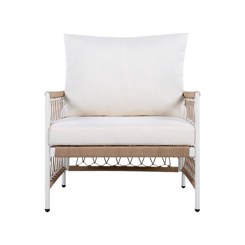 3 Pieces Woven Rope Patio Bistro Set, Outdoor Furniture Set with 2 Pieces Accent Lounge Chairs & Side Table for Garden, Poolside