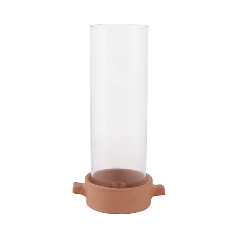 Pottery Glass Pillar and Taper Holder Rustic Base and Hurricane Sleeve - 7" x 5" x 13"