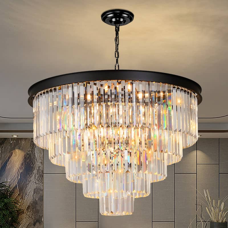 Modern Crystal Chandelier, Black Luxury Adjustable Pendant Light for Living Room(Bulbs Included)