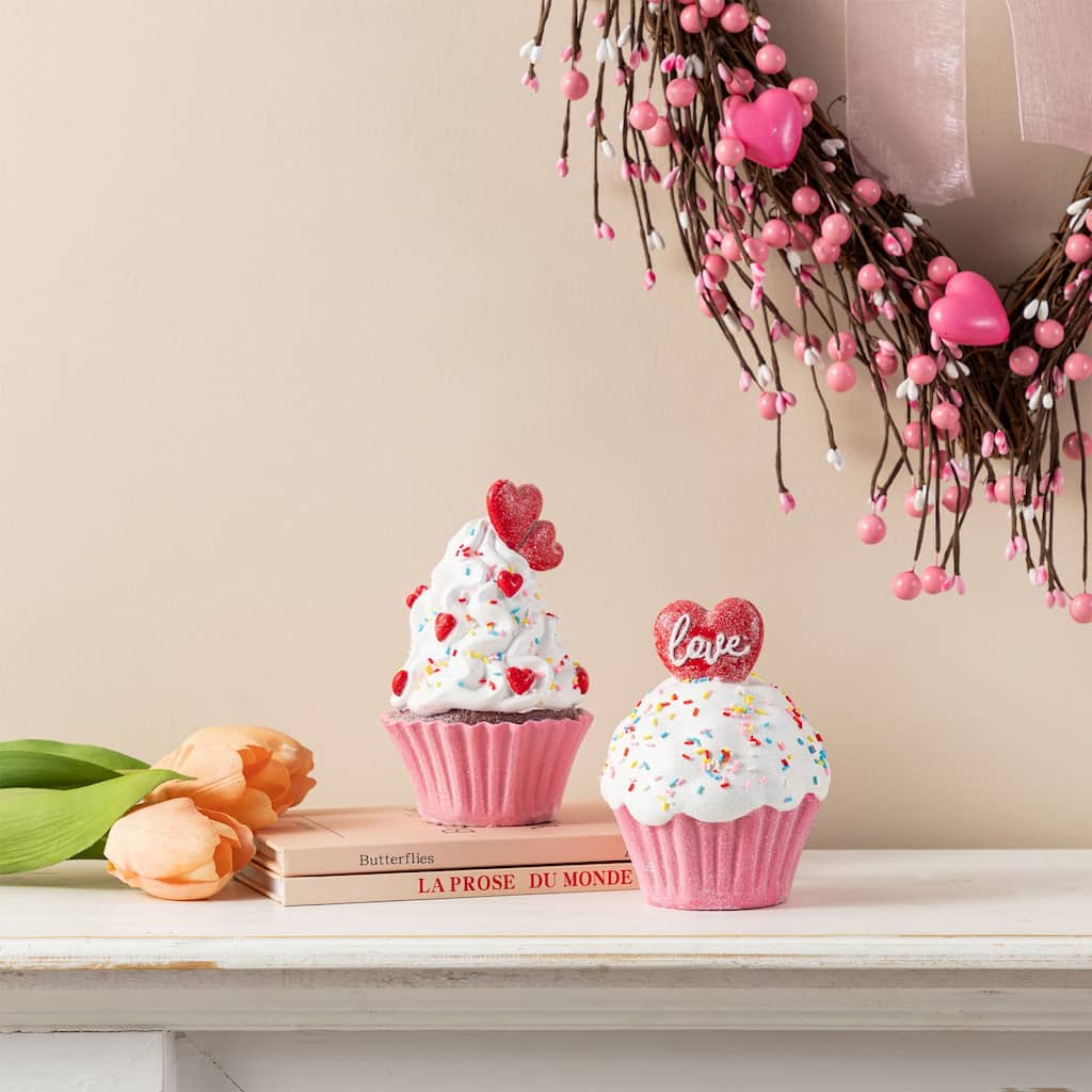 Glitzhome Set of 2 Valentine's Resin Cupcakes Table Decor
