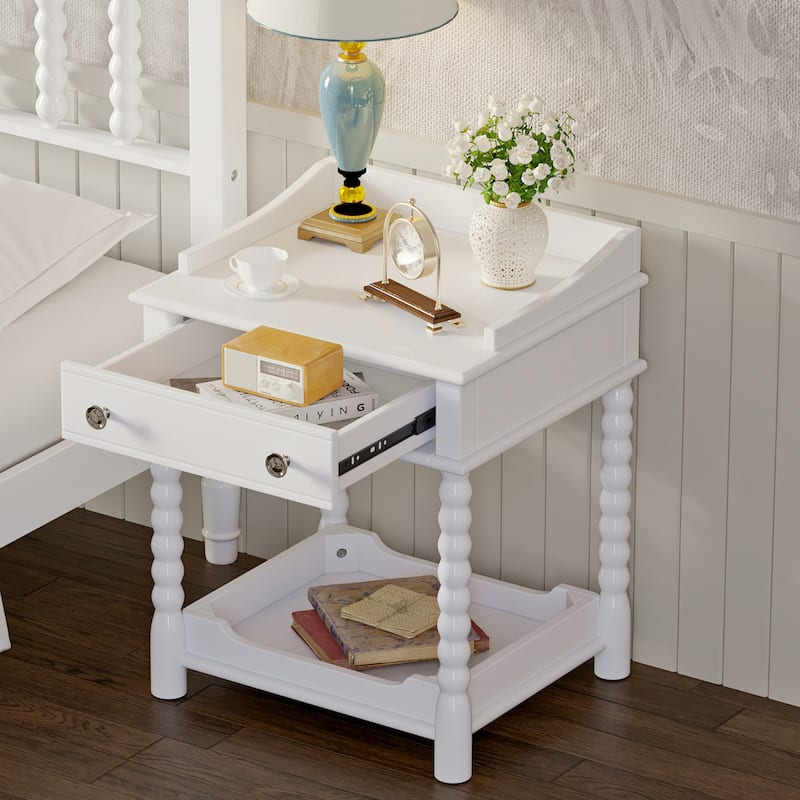 Charming White Retro Nightstand with Drawer and Open Shelf, Classic Bedside Table with Metal Handle