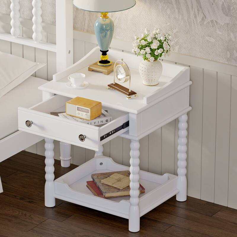 Modern White Nightstand with Drawer and Open Shelf, Gold Handle, Ideal for Bedroom