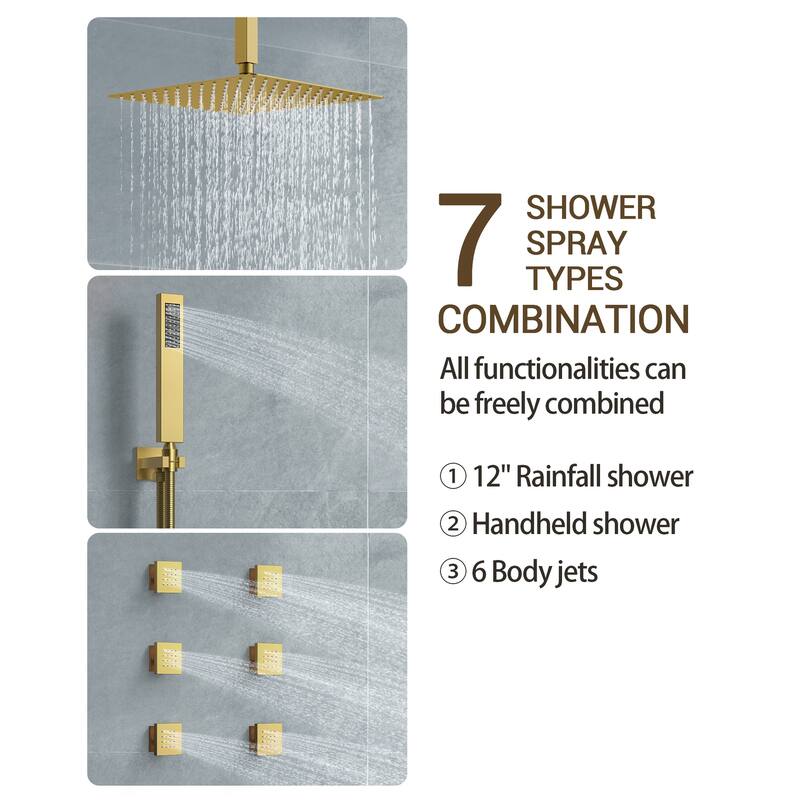 Shower System 12" Ceiling Rain Shower Head with 3-Way Thermostatic Faucet & Body Jets