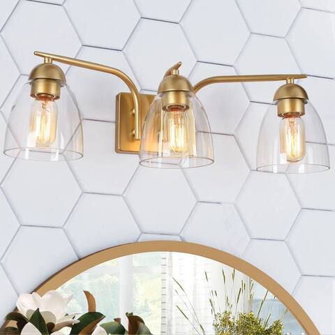 3-Light Modern Gold Bathroom Vanity Lights Glass Wall Sconce Lighting - 22" L x 6.5" W x 6.5" H