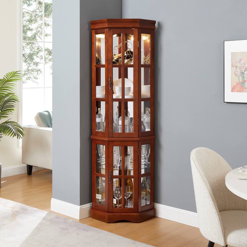 Lighted Curio Display Cabinet, China Cabinet with Tempered Glass Doors & Adjustable Shelves, Freestanding Glass Display Case