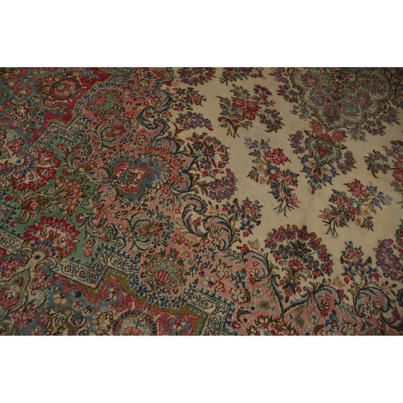 Hand Knotted Oriental 100% Wool Carpet Traditional Floral Beige & Ivories Kerman Area Rug - 13' 3'' X 9' 11''